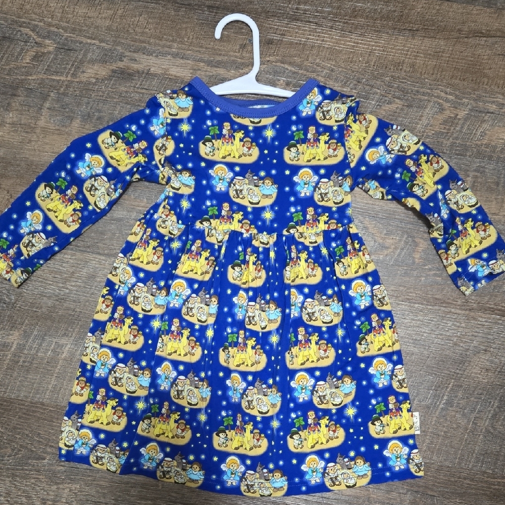 2T Bamboo Girls' Blue Nativity Print Long-Sleeve Dress